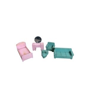 Vintage Miniature Dollhouse Furniture‎ Set Pink Bed Blue Couch Vanity Chair Wood